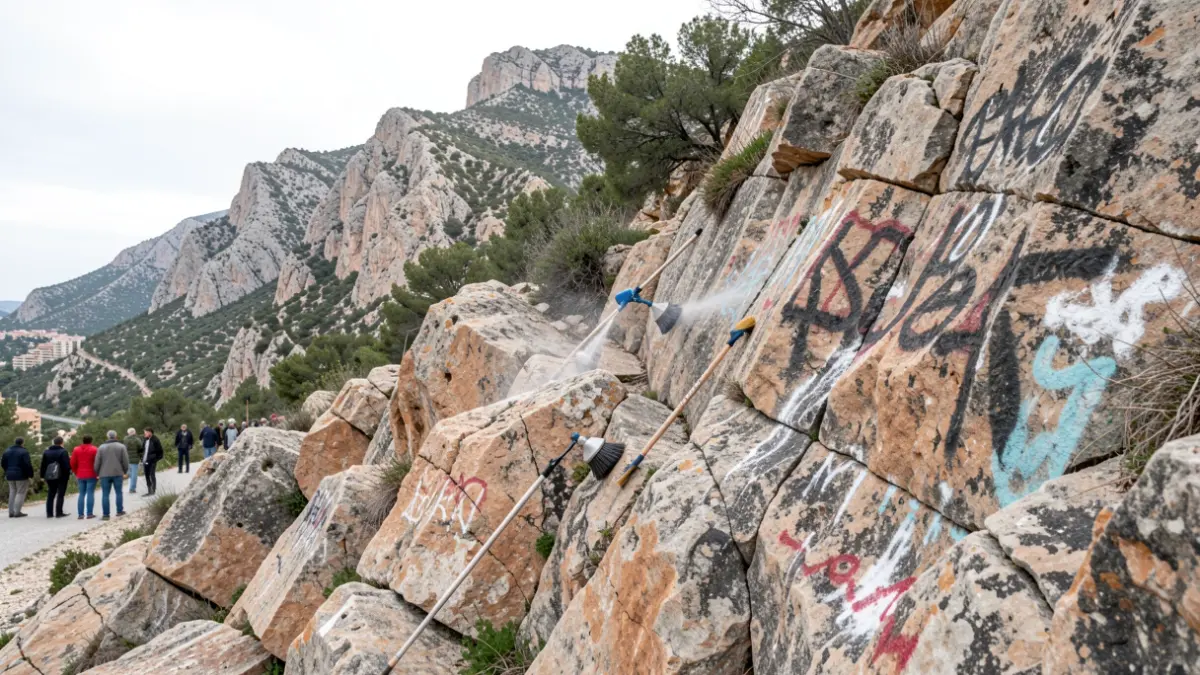 Rocky landscape in La Pedriza with graffiti being cleaned.