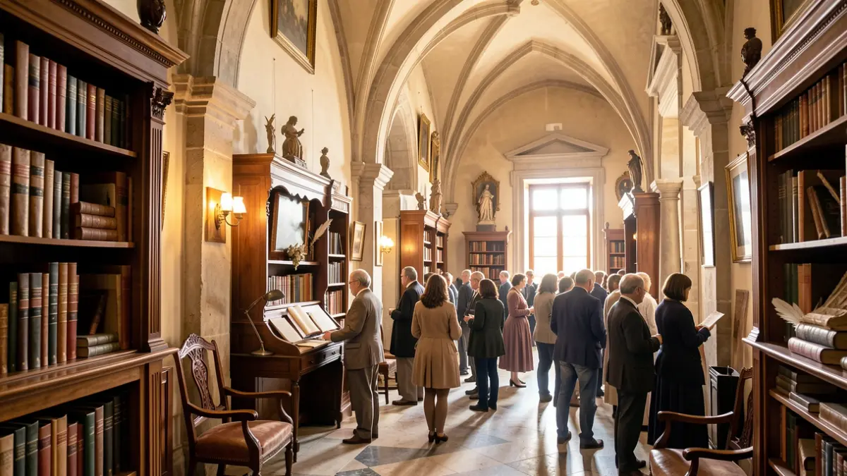 Interior of the Convento de las Trinitarias in Madrid, a historical space with literary elements.