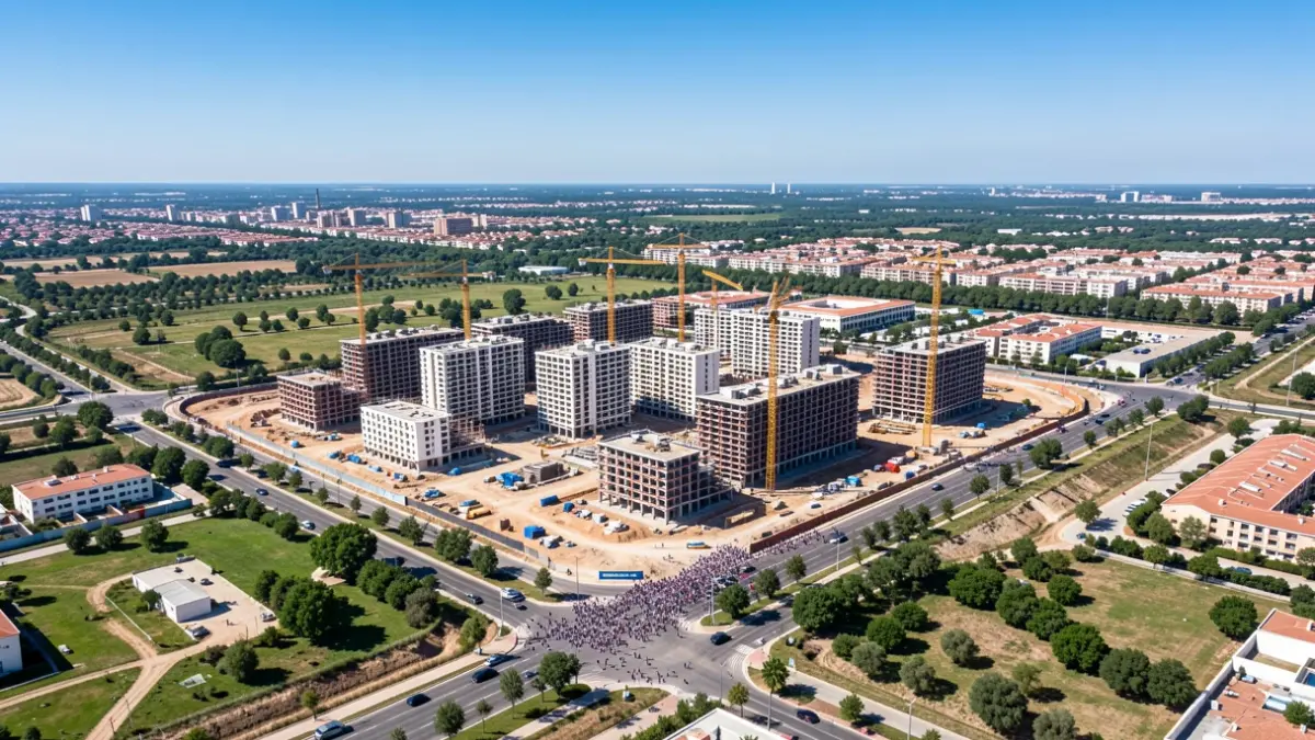 Vista aérea de un gran desarrollo urbanístico en la Comunidad de Madrid con grúas y edificios residenciales en construcción.