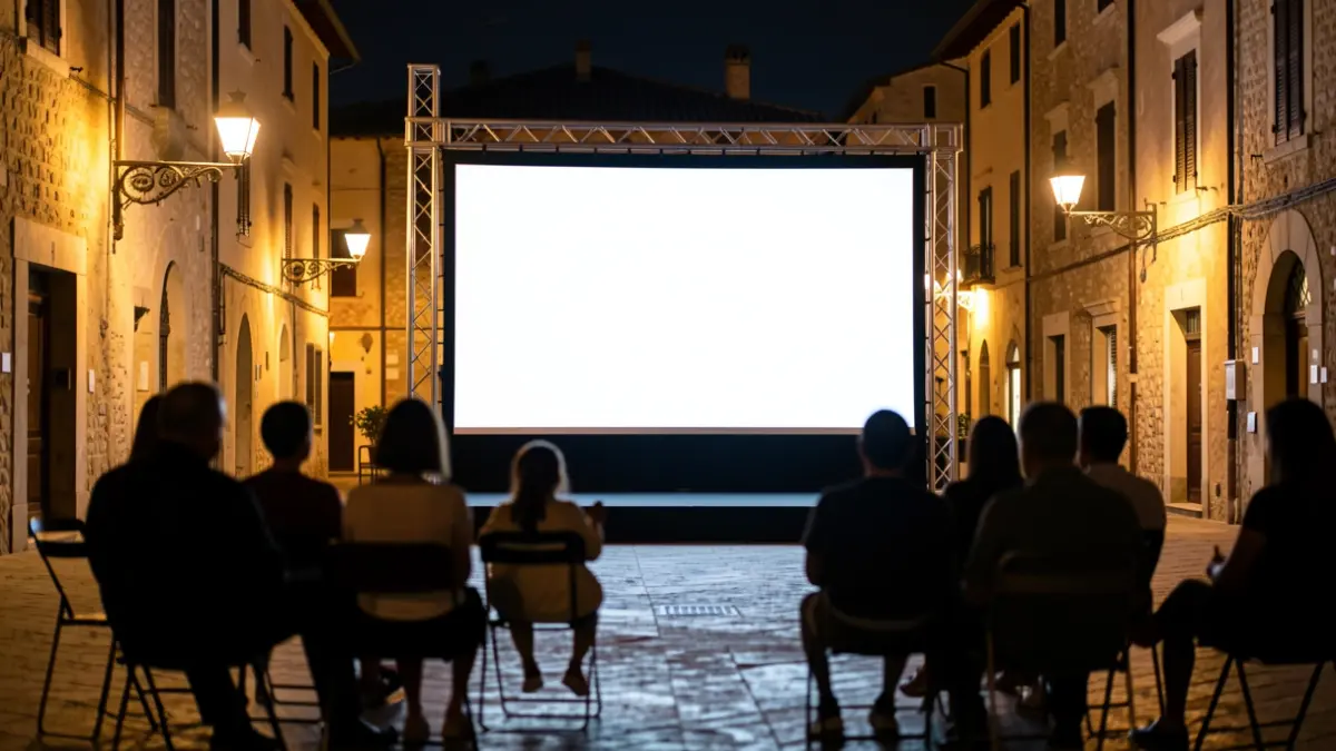 Pantalla de cine al aire libre en una plaza de pueblo por la noche, con siluetas borrosas de familias sentadas en sillas.