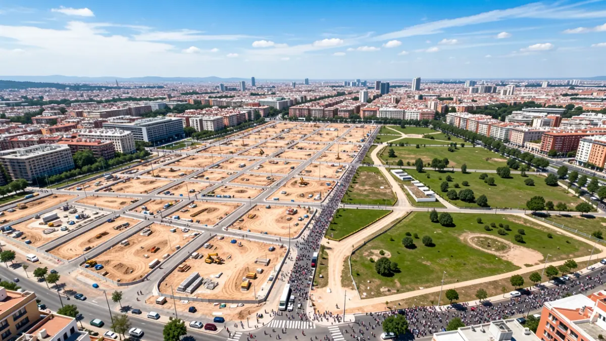 Aerial view of the Campamento Operation in Madrid, showing the urban development with housing and green areas.