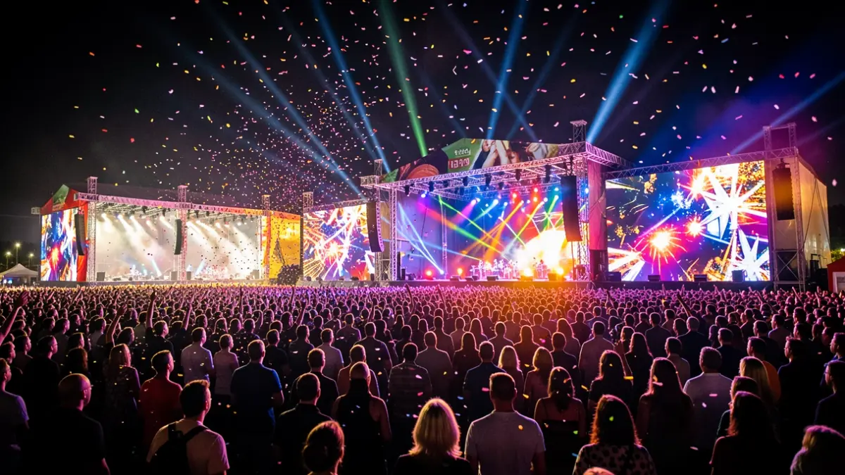 Imagen genérica de un gran festival de música al aire libre por la noche, con múltiples escenarios iluminados y una multitud de asistentes.