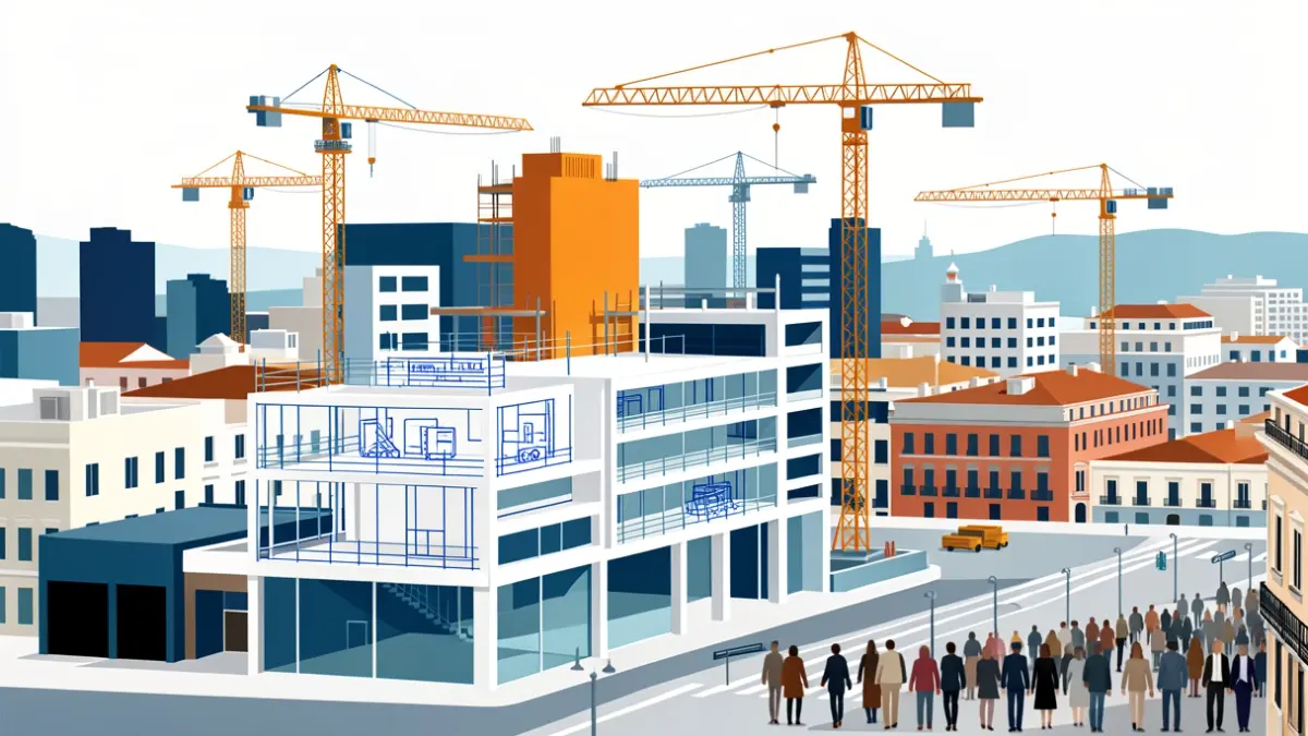 Representación abstracta de construcción y desarrollo urbano en Madrid.