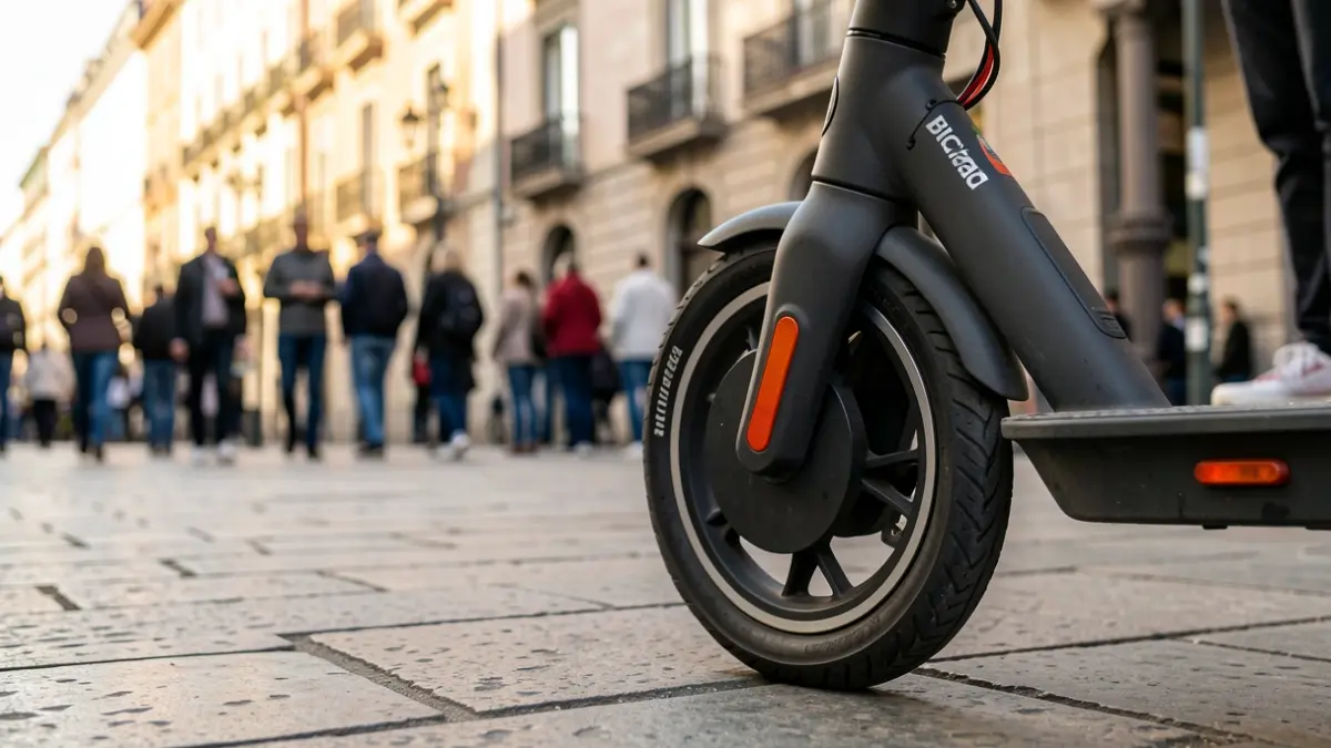 Close-up of a Bicimad bicycle parked on a Madrid sidewalk in the afternoon light.