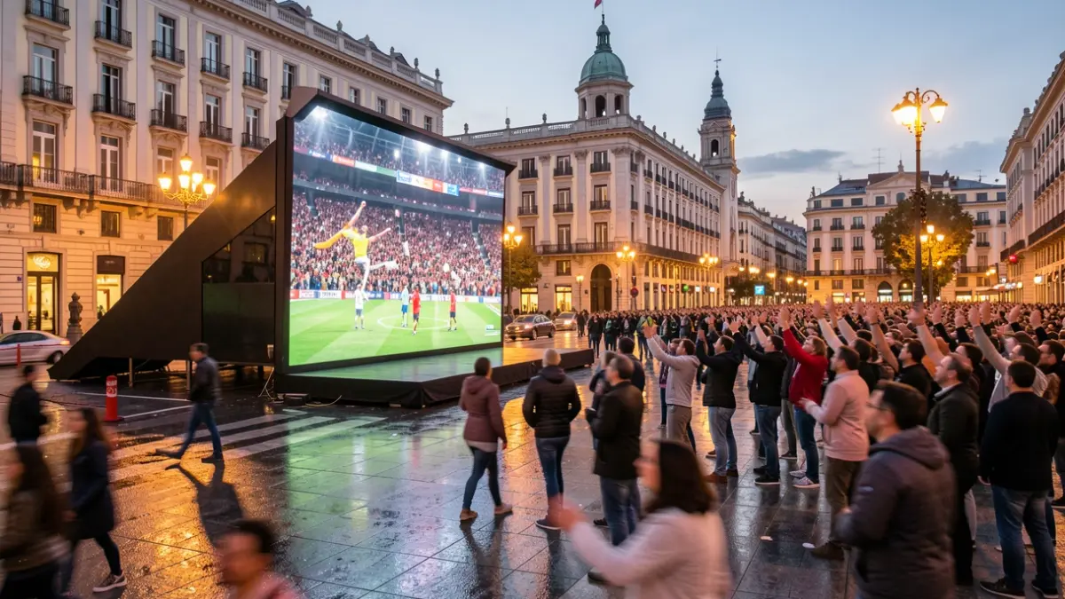 Giant screen in Madrid's Plaza de Colón facing the street with a cheering crowd.