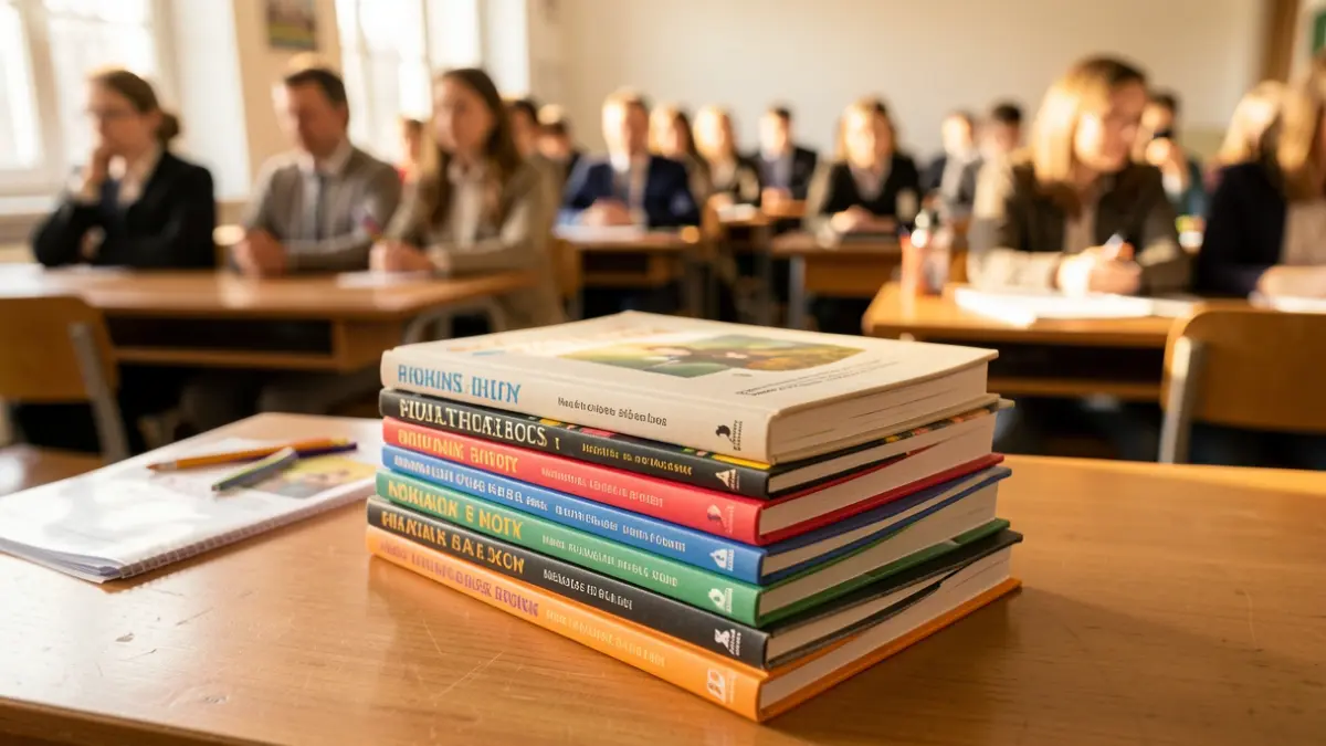 Libros de texto y material escolar nuevo sobre un escritorio en un aula vacía.