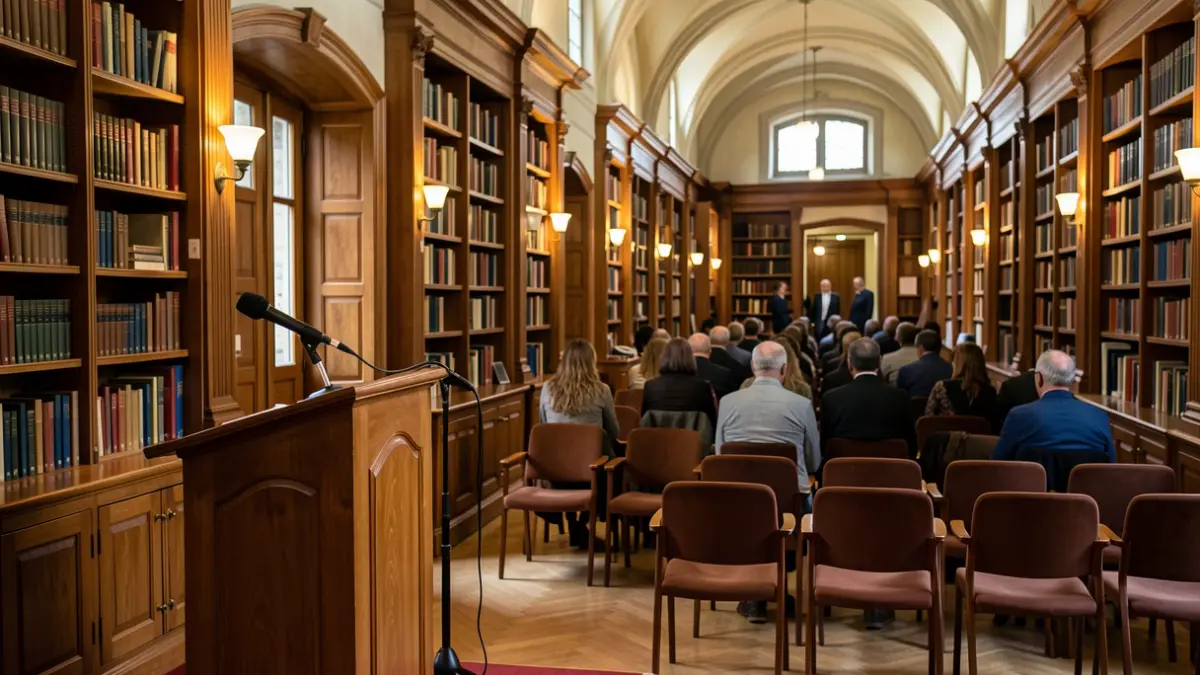 Interior of a university college library in Madrid with wooden bookshelves and an academic atmosphere.