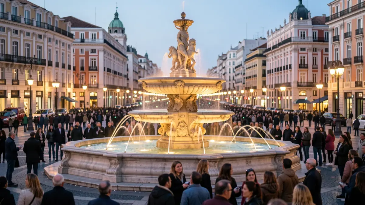Plaza de Cibeles in Madrid at dusk, with celebrating crowds and the illuminated fountain.