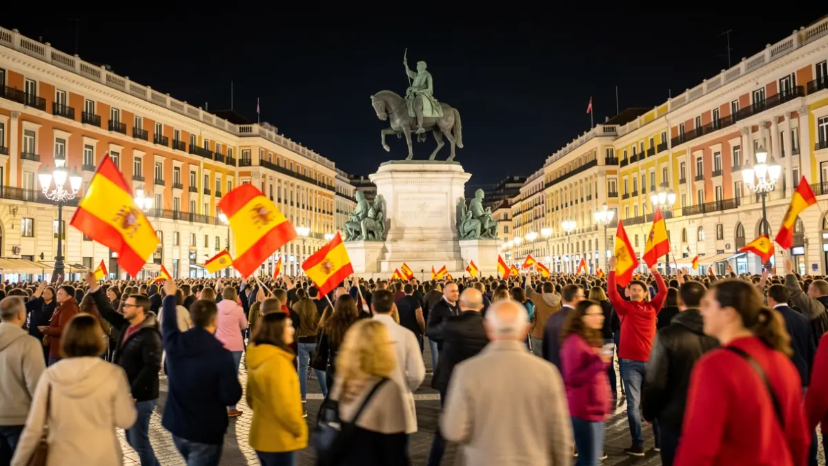 Multitud celebrando la victoria de España en la Puerta del Sol de Madrid por la noche.