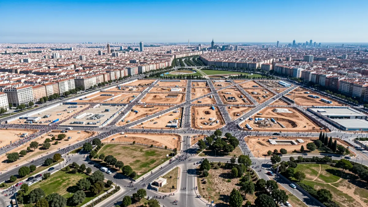 Aerial view of a large urban development in Madrid with new streets, green spaces, and the cityscape in the background.