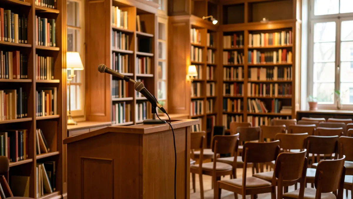 Generic image of a cultural space with chairs and a microphone.