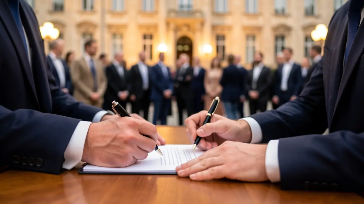 Hands signing an official document on a desk.