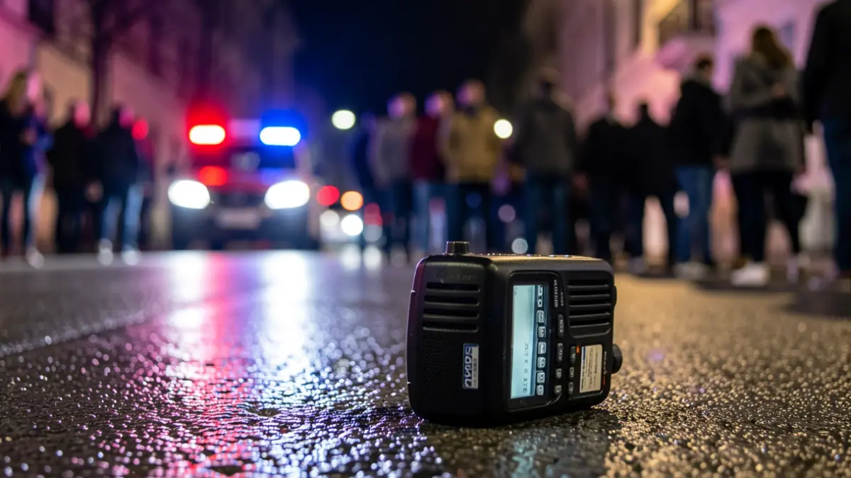 Generic image of an emergency communication device with police lights reflecting on wet asphalt.
