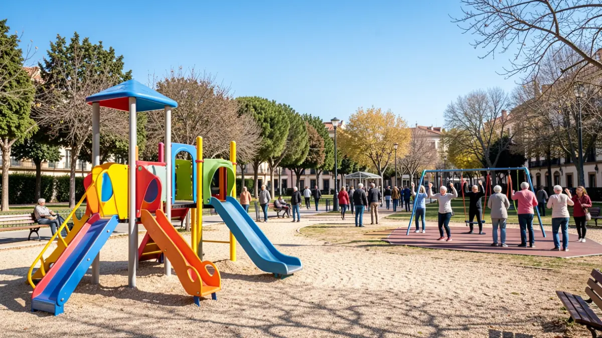 Imagen genérica de áreas infantiles y de mayores en un parque de Madrid.