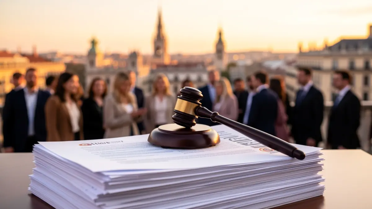 Image of official documents and a gavel against a blurred backdrop of the Madrid skyline.