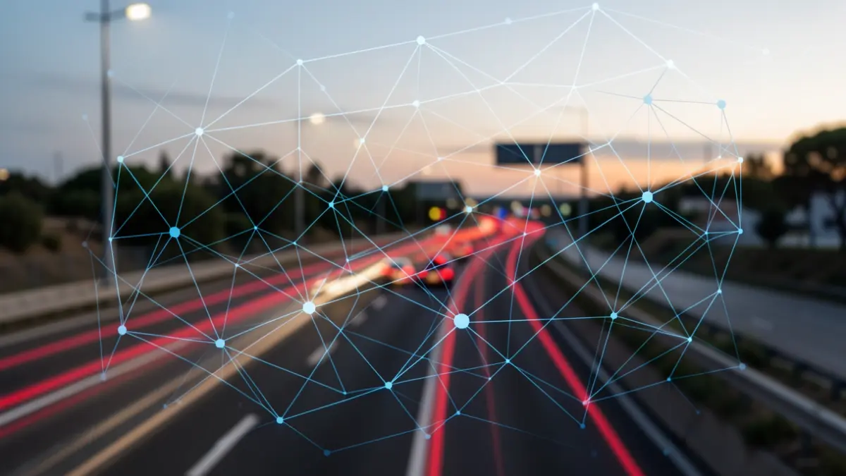Abstract image of digital networks and traffic flow on a highway in the Comunidad de Madrid at dusk.
