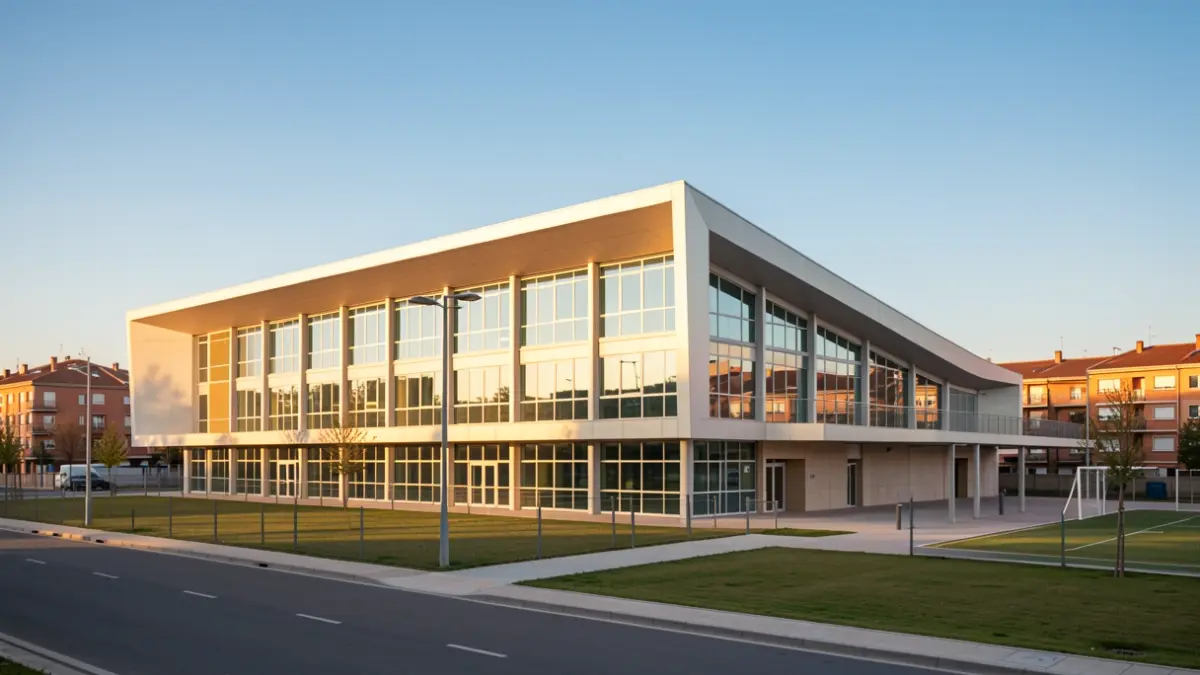 Exterior view of a modern municipal sports pavilion in Madrid.