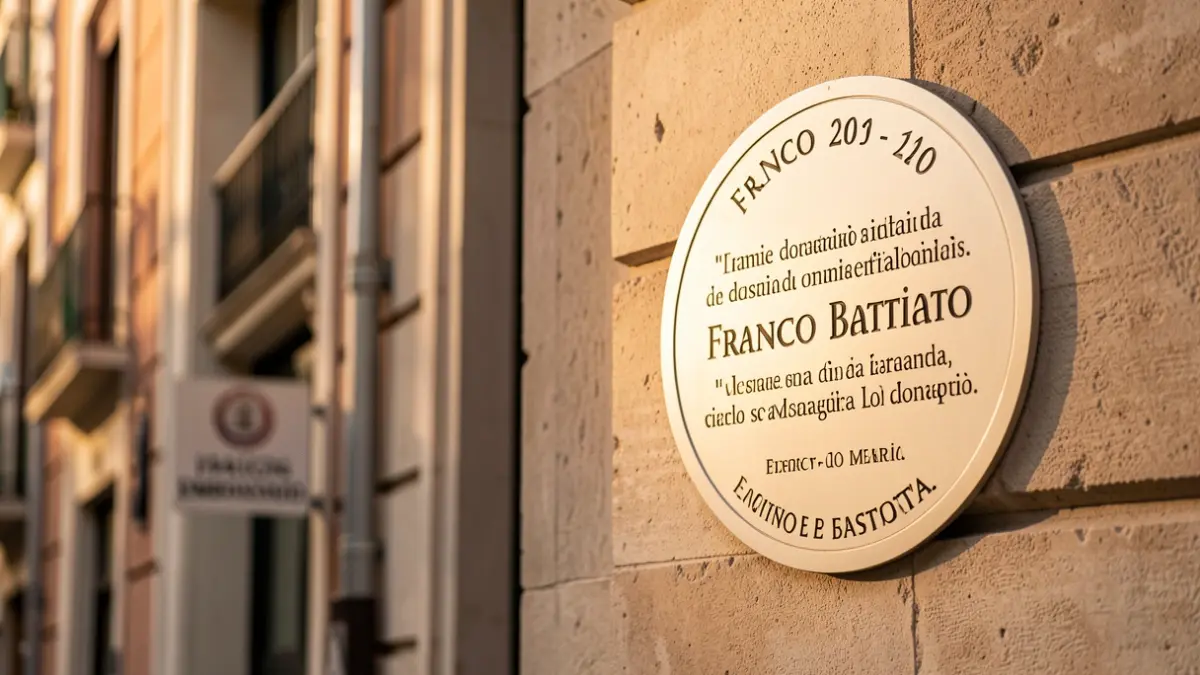 Placa en honor a Franco Battiato junto a la Embajada de Italia en Madrid.
