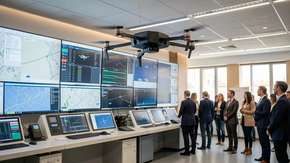 Un dron sobrevolando un centro de control tecnológico en la Comunidad de Madrid.