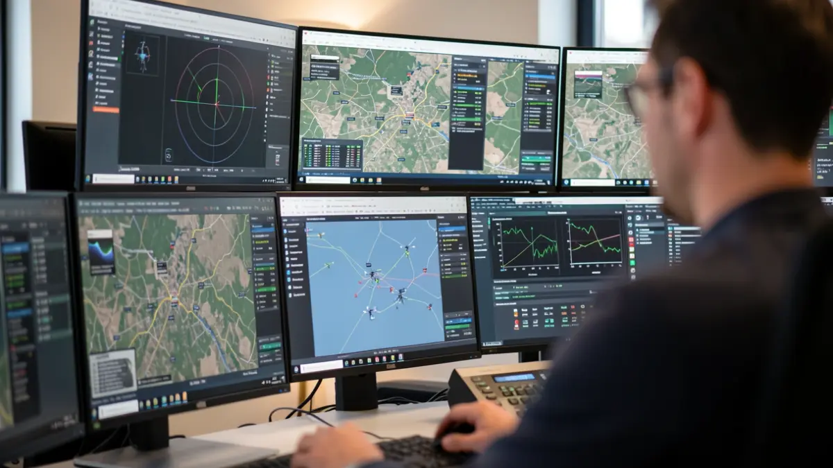 Sala de control con pantallas mostrando datos de drones y mapas de la Comunidad de Madrid.