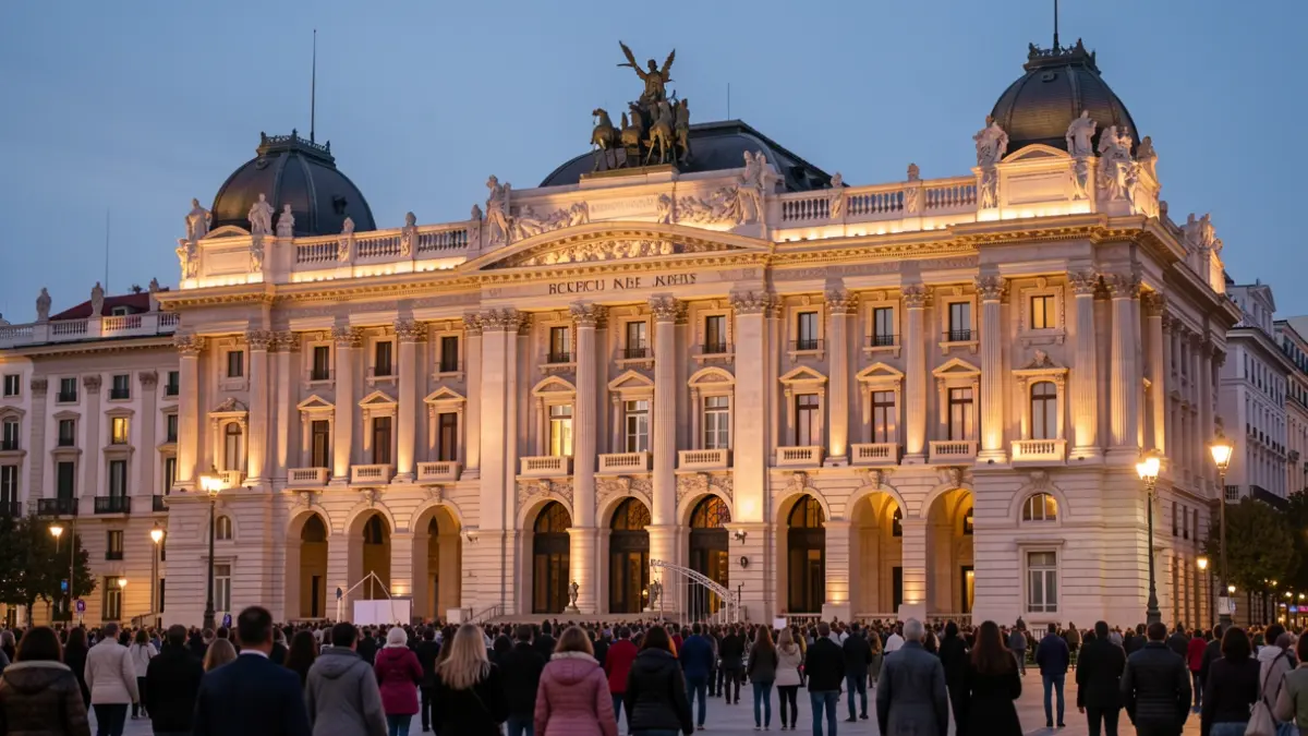 Facade of the Palacio de Cibeles in Madrid at dusk.