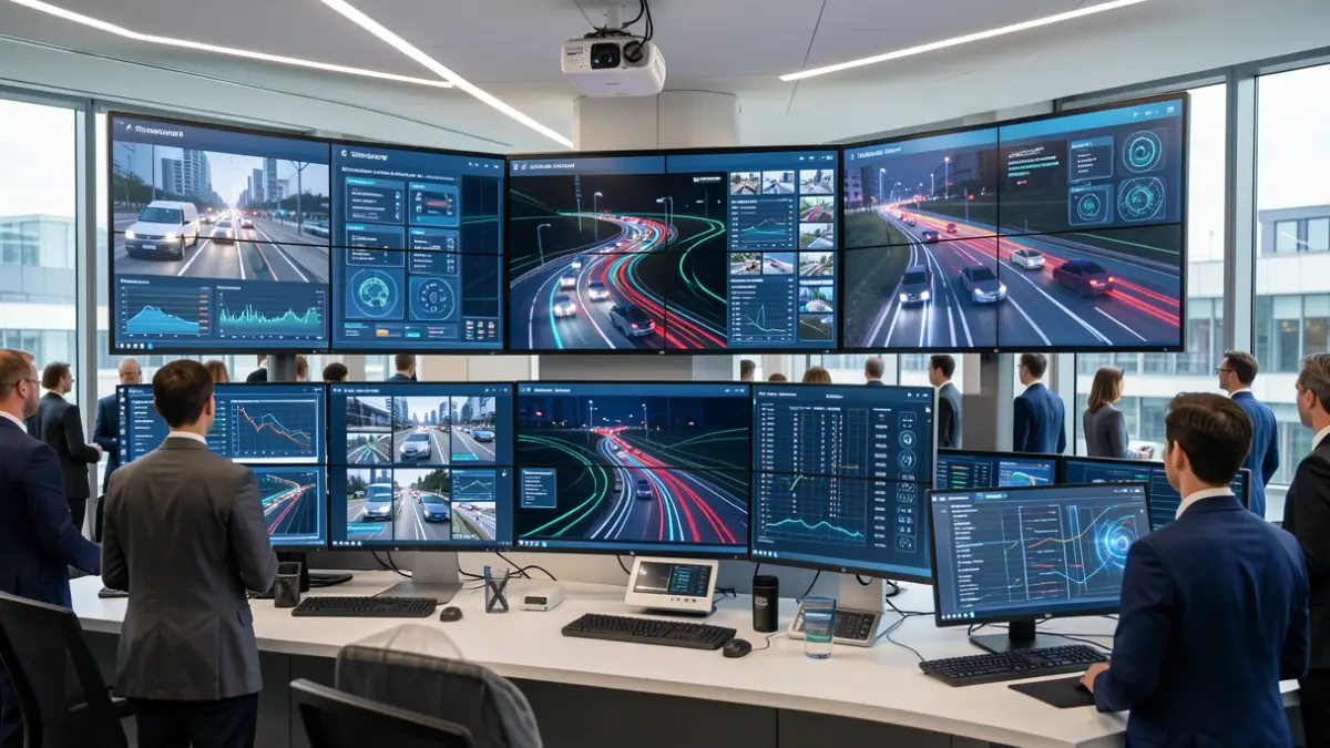 Generic image of an advanced traffic control center with data screens and artificial intelligence analysis.