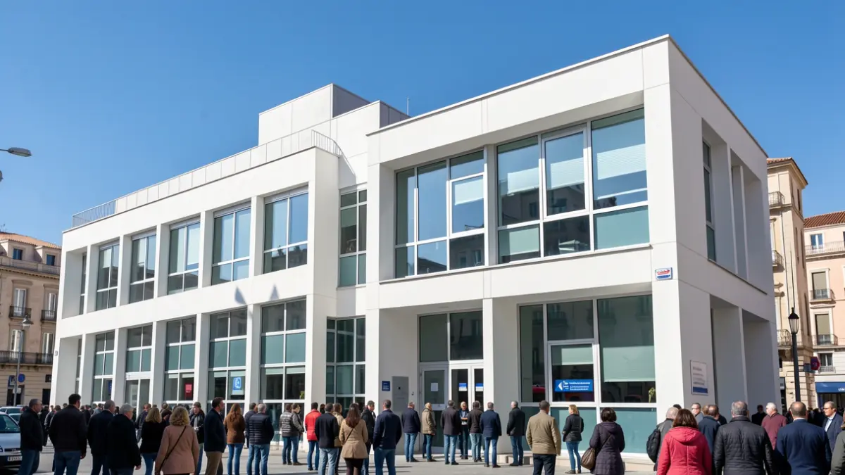 Facade of a modern training center for security and emergency services in Madrid.