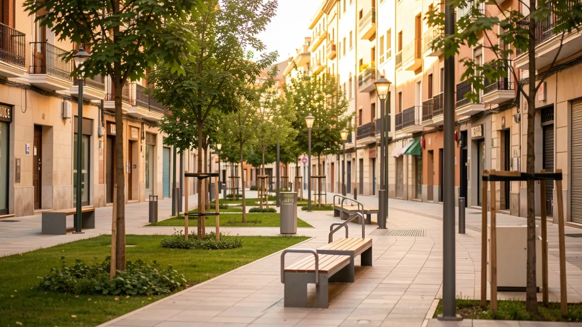 Imagen de la regeneración urbana en el barrio de Vinateros, Madrid, con nuevas zonas peatonales y ajardinadas.