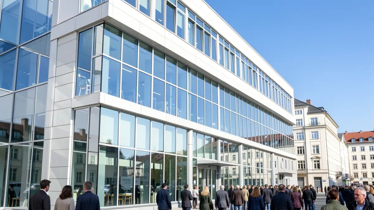 Facade of a modern hospital building with large windows.