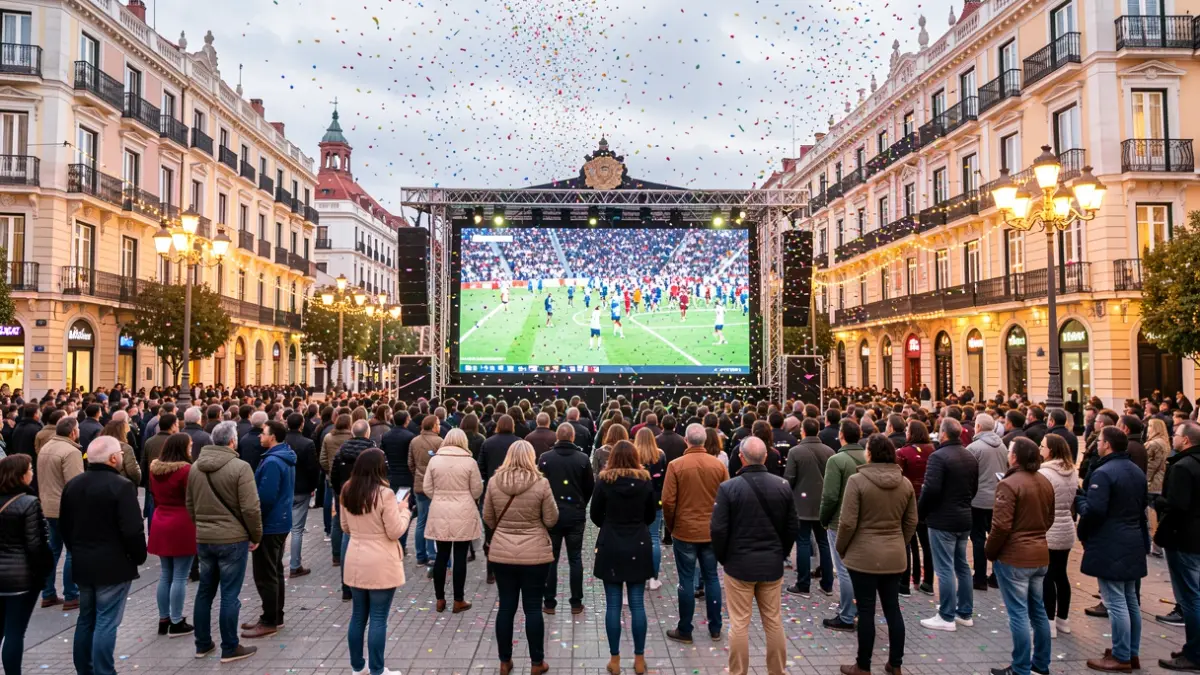 Generic image of a public square in Madrid with people watching a football match on a giant screen.