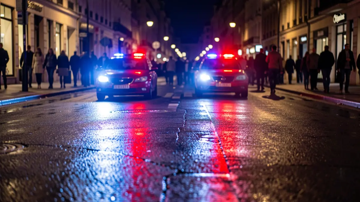 Generic image of police emergency lights reflected on asphalt.