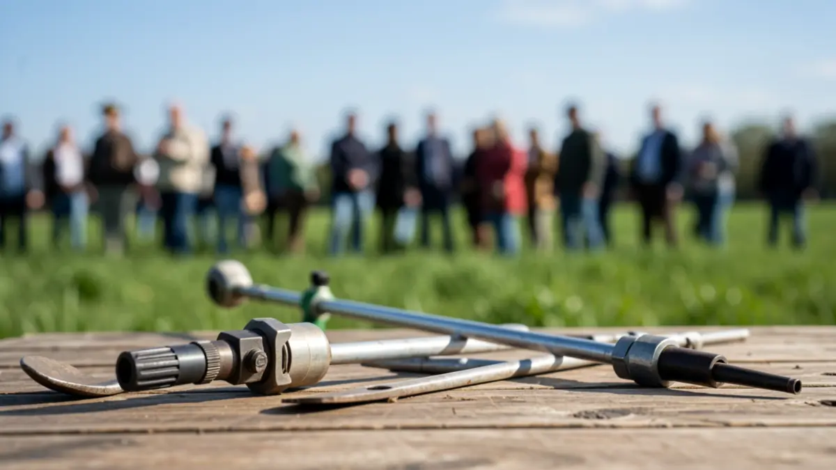 Generic image of agricultural tools on a table with a field in the background.