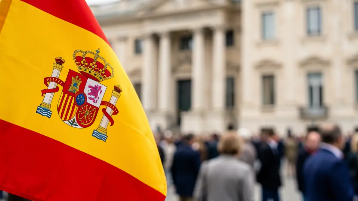 Generic image of a Spanish flag in front of a blurred government building.