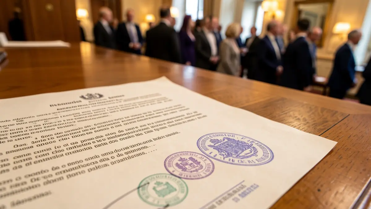 Close-up of an official legal document with seals and stamps.