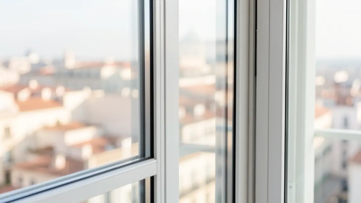 Modern, high-efficiency window reflecting the Madrid cityscape.