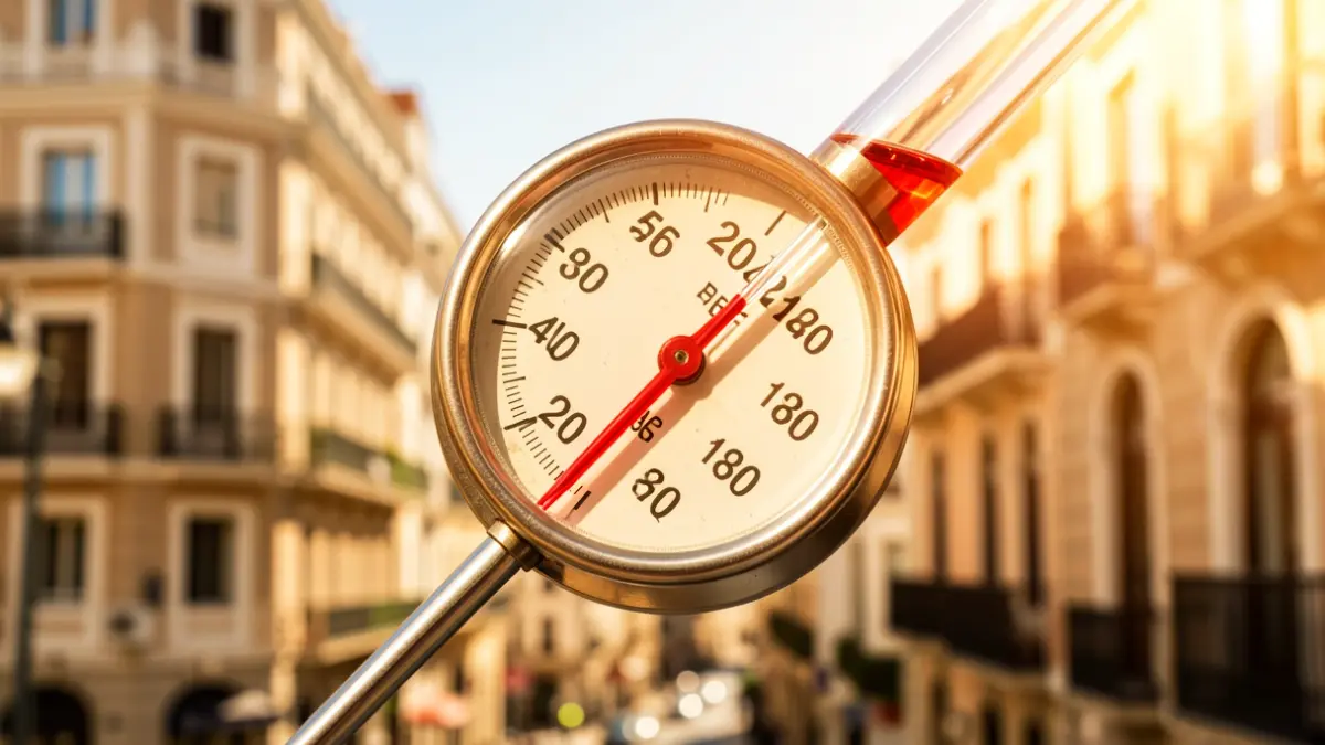 Thermometer showing high temperature with the Madrid skyline in the background.