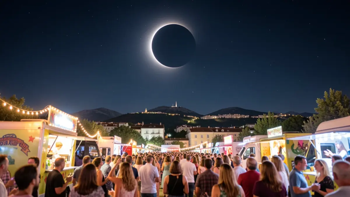 Night sky with a solar eclipse over Madrid's Sierra Norte, with festive food truck lights and people enjoying the view.