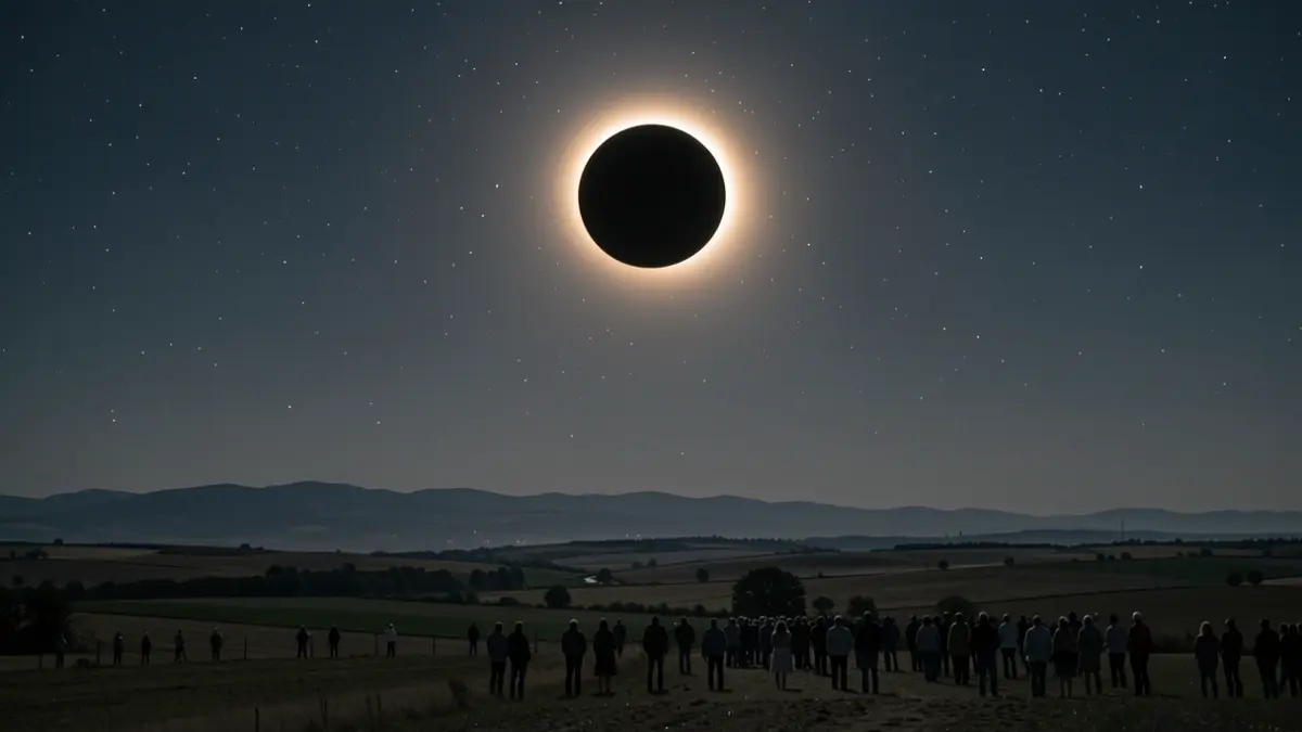 Clear night sky over the Sierra Norte of Madrid during a total solar eclipse, with the moon obscuring the sun and stars visible.