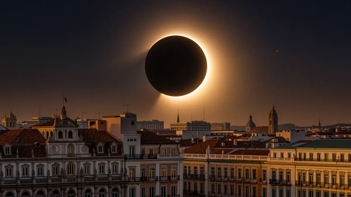 Representación conceptual de un eclipse solar sobre el horizonte urbano de Madrid.