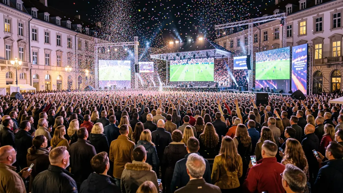 Imagen genérica de una multitud celebrando un partido de fútbol en una plaza con pantallas gigantes.