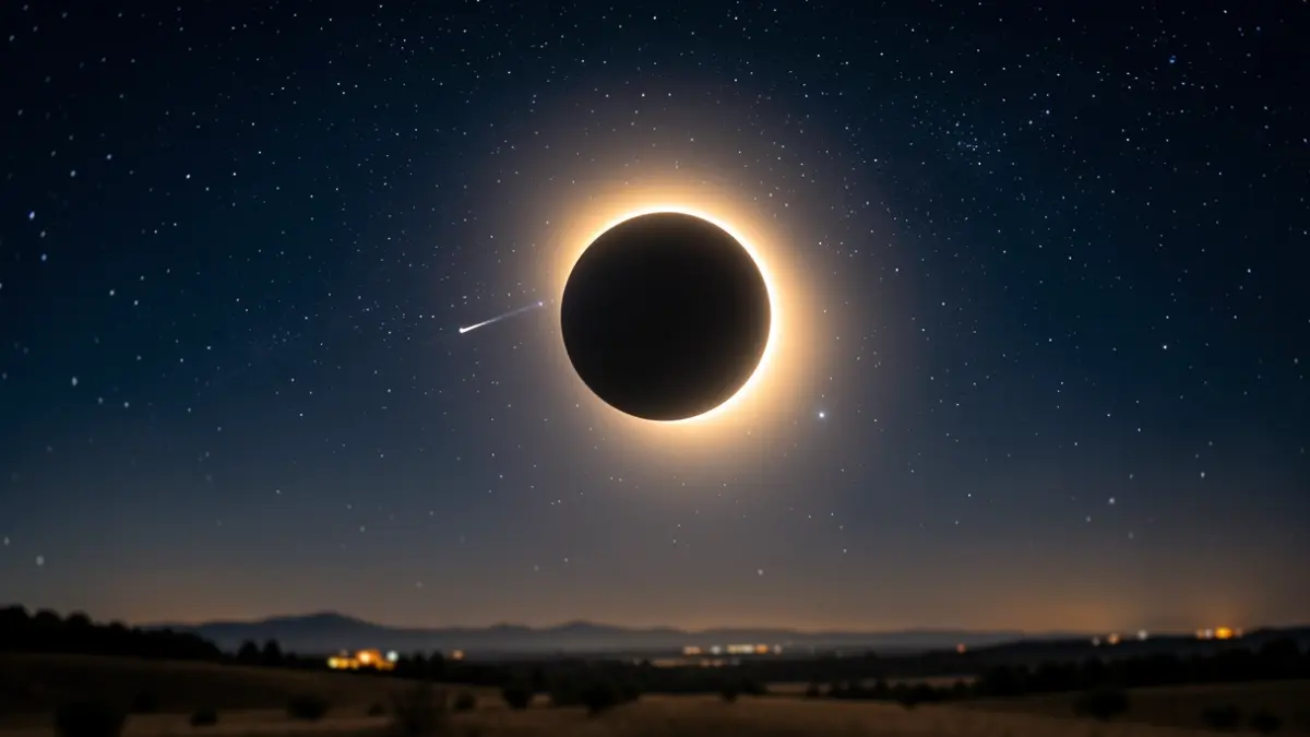 Cielo nocturno en la Sierra Norte de Madrid durante un eclipse solar, con estrellas visibles y el horizonte.