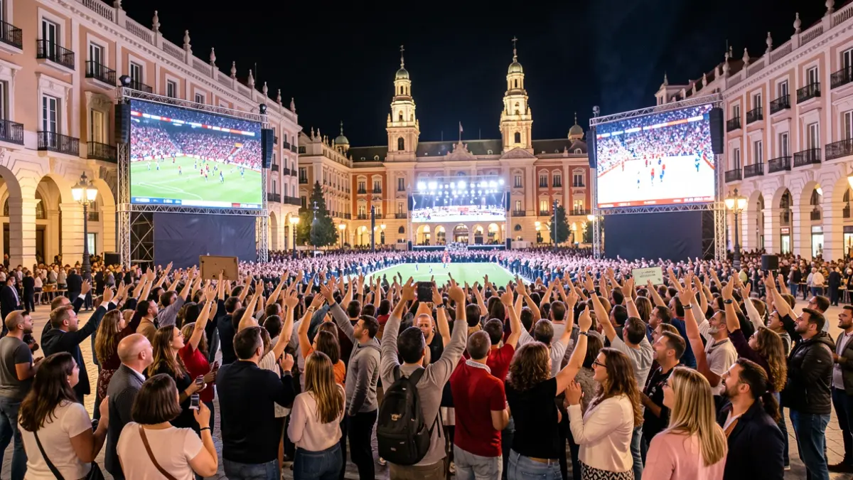 Madrid square full of people celebrating the World Cup final on giant screens.