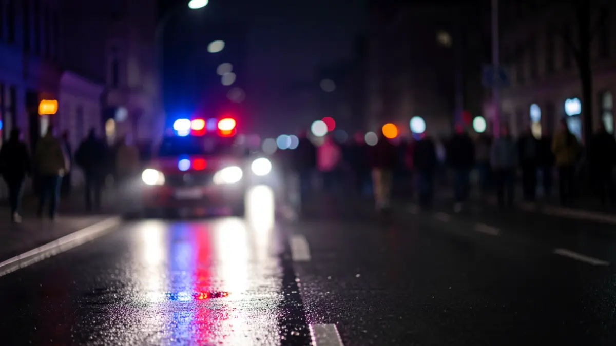 Blurred emergency lights reflecting on wet asphalt at night.