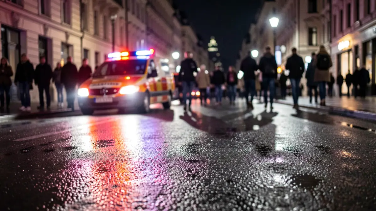 Generic image of emergency lights reflecting on asphalt at night.