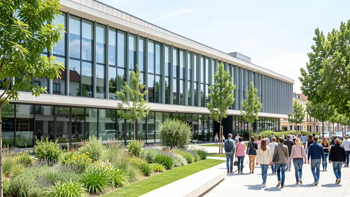 Fachada de un moderno centro de salud mental en Majadahonda, Comunidad de Madrid.