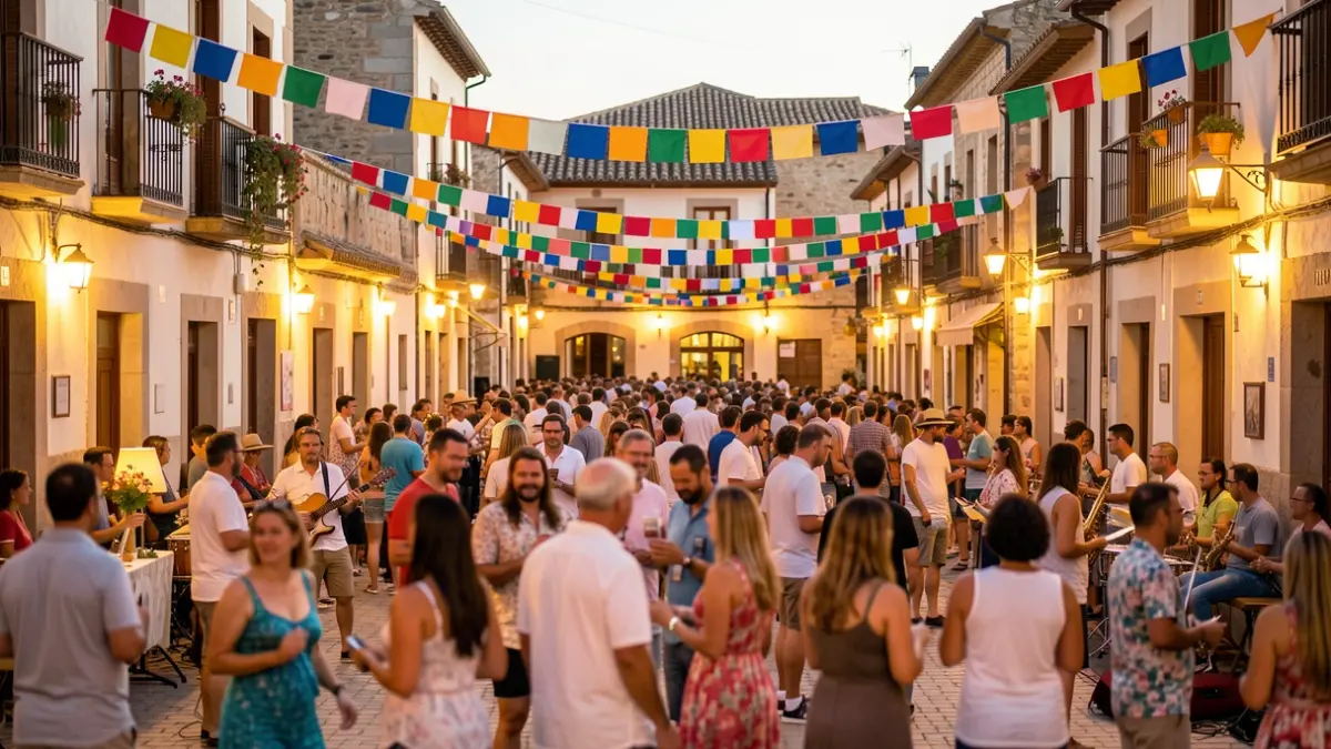Imagen genérica de una plaza de pueblo español durante un festival de verano con ambiente festivo.