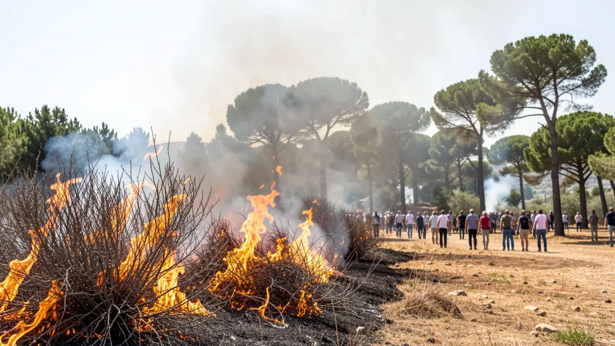 Primer plano del borde de un incendio forestal con humo elevándose hacia un cielo brumoso en un paisaje mediterráneo.