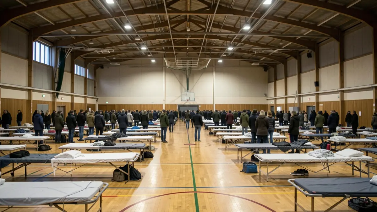 Generic image of a sports hall set up as a temporary shelter for people evacuated due to fires.
