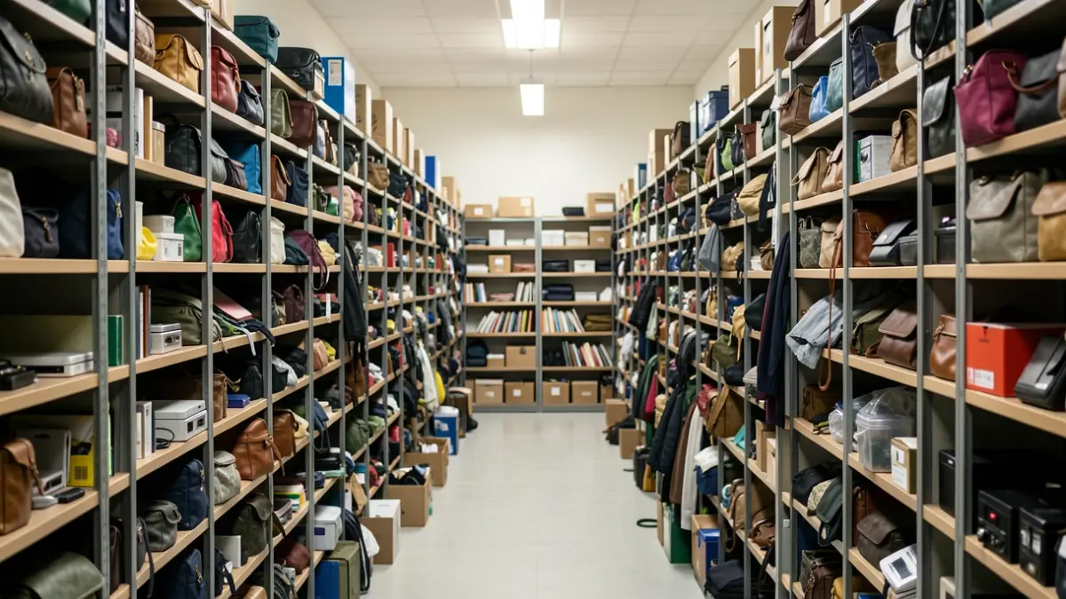 Generic image of a lost and found warehouse filled with shelves.