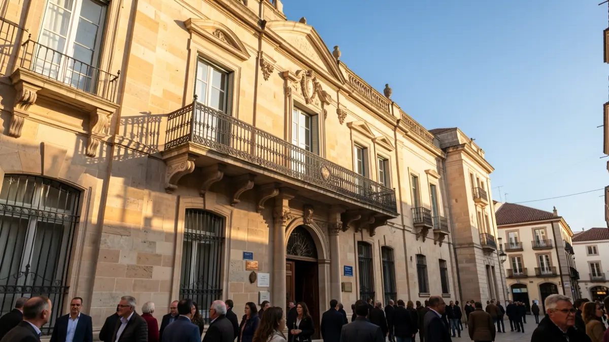 Facade of a town hall in the Community of Madrid with a balcony and iron railings, afternoon sunlight.